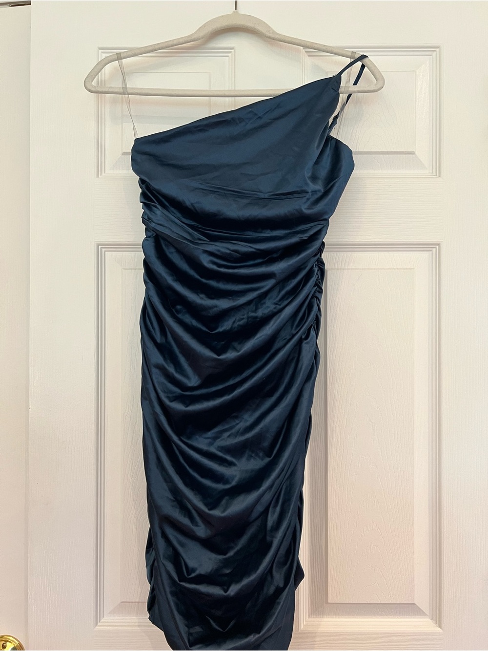 Fashion Nova One-Shoulder Navy Ruched Satin Dress